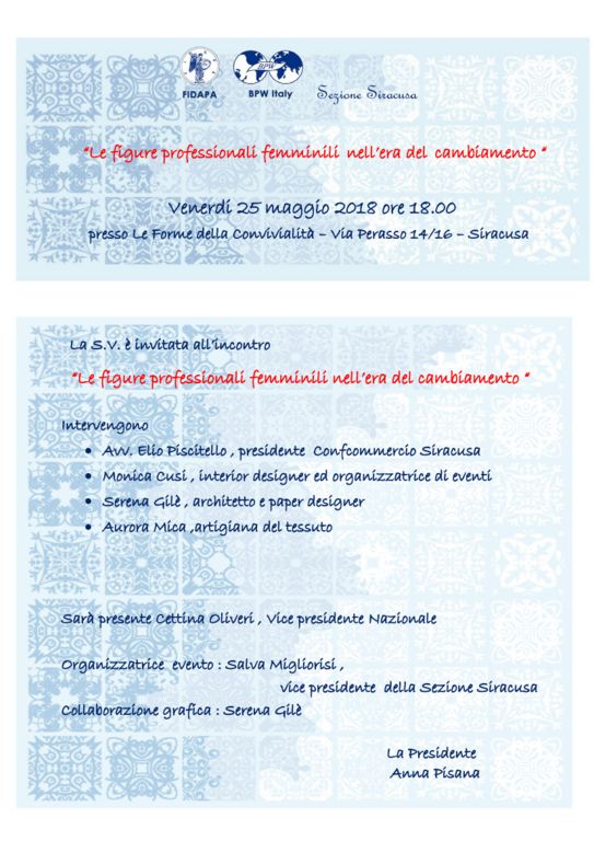 INCONTRO «LE FIGURE PROFESSIONALI FEMMINILI NELL`ERA DEL CAMBIAMENTO» - INVITO AI SOCI