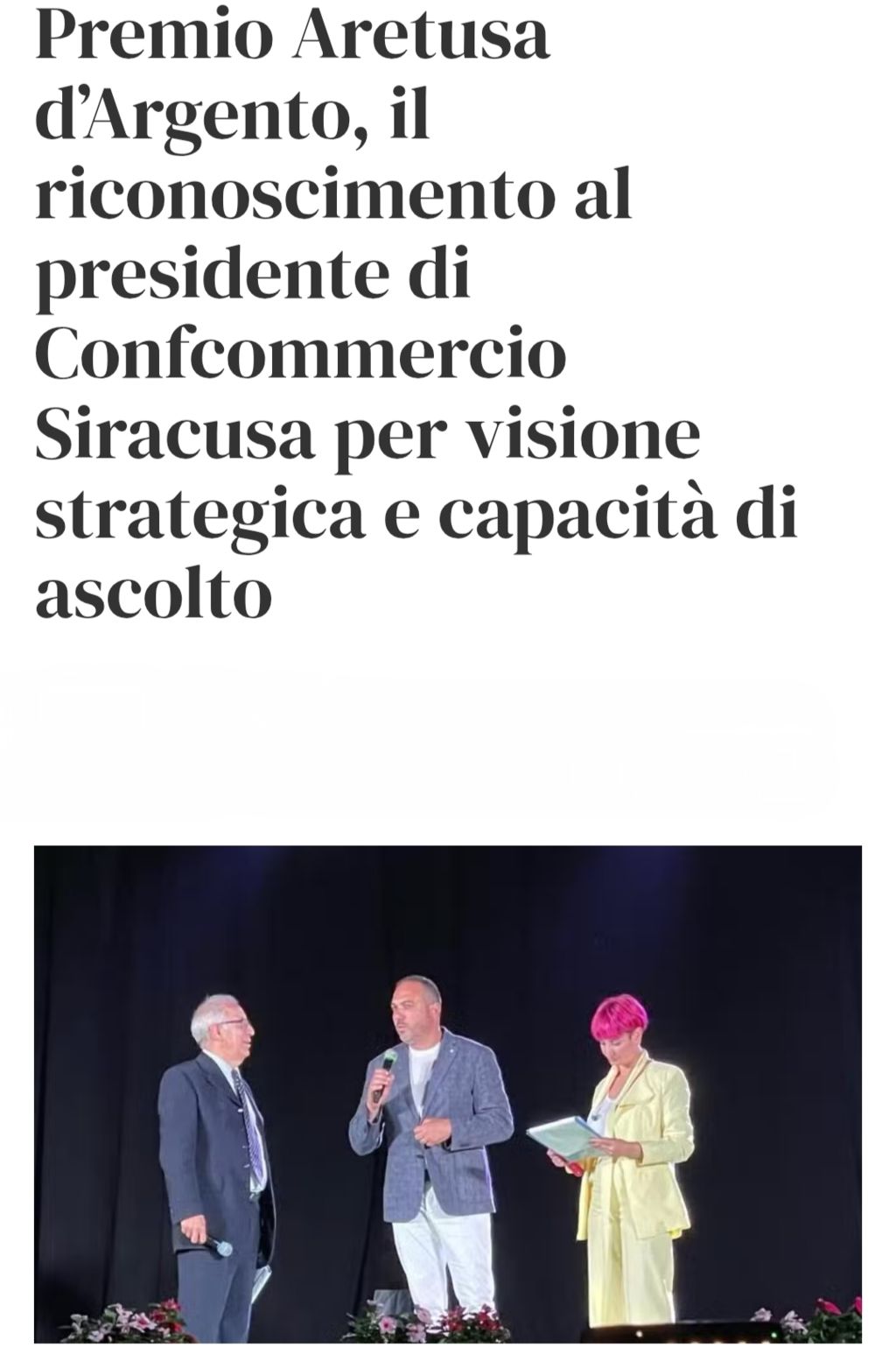Premio Aretusa d`Argento: il riconoscimento al presidente di Confcommercio Siracusa per visione strategica e capacità di ascolto